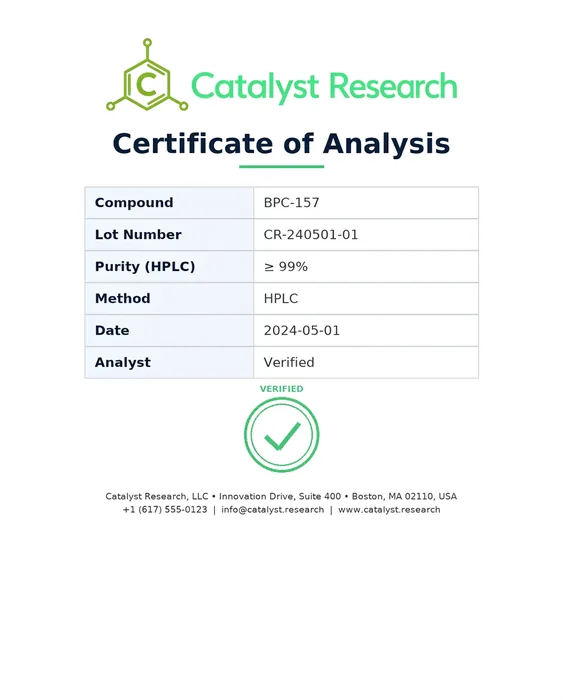 Certificate of Analysis document with Catalyst Research verified stamp showing compound purity data